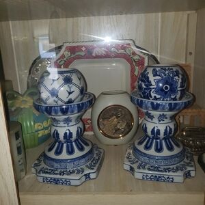 Blue and White Porcelain Candle Holders - Pair